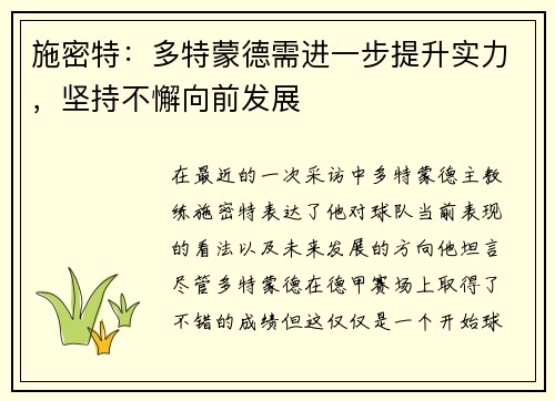 施密特：多特蒙德需进一步提升实力，坚持不懈向前发展