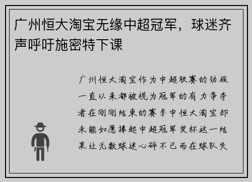 广州恒大淘宝无缘中超冠军，球迷齐声呼吁施密特下课